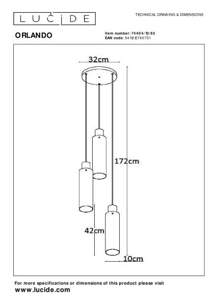 Lucide ORLANDO - Suspension - Ø 32 cm - 3xE27 - Fumé - technique